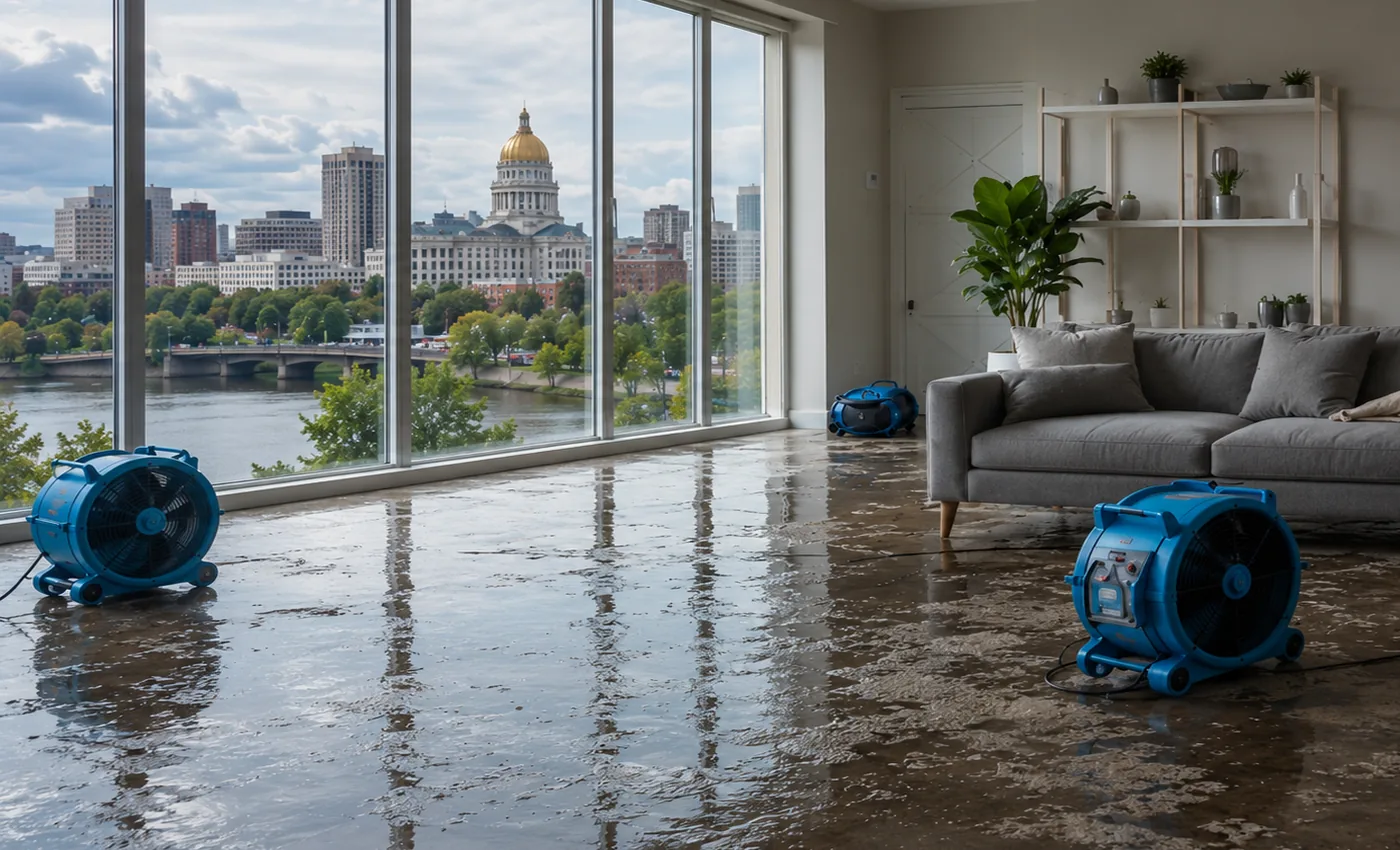 Water damage drying equipment with a Hartford Connecticut city view
